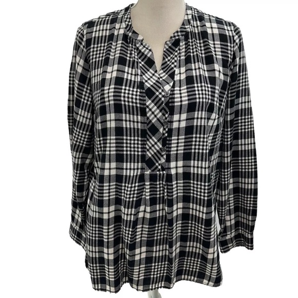 Talbots Black White Plaid Half Button Shirt Size Large Relaxed Cotton Ruffle - Picture 1 of 7